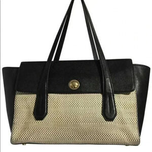 Bendel Bendel black leather beige woven satchel handbag